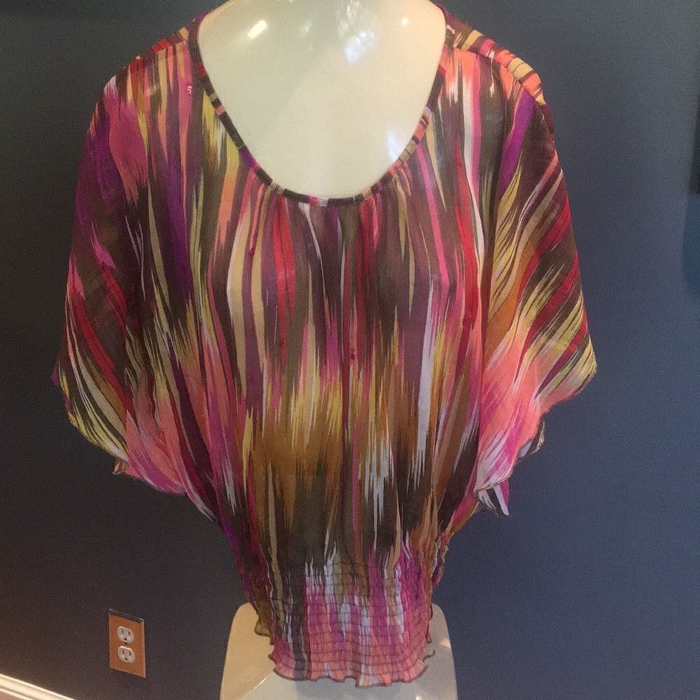 Lola P. multi-color semi-sheer boho style top, L